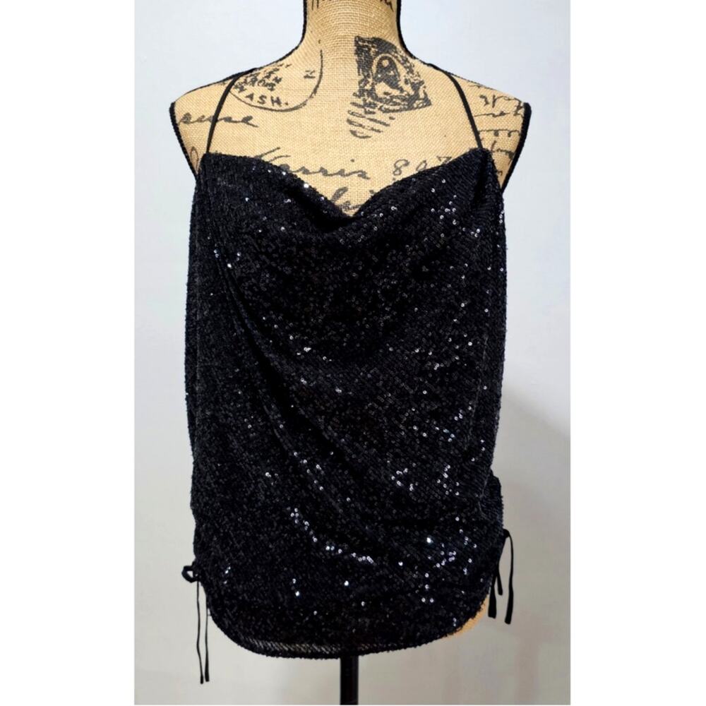 Parker Black Sequin Halter Cami Top Side Ruched Drawstring Sparkle Tank, Sz M